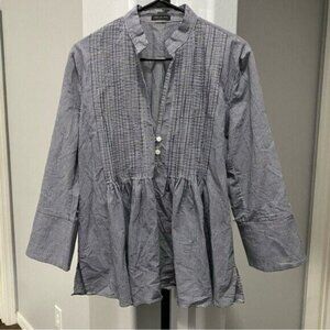 Mel & Lisa Blouse Large Gingham Farmhouse Bell Sleeve Blouse Blue White V Neck